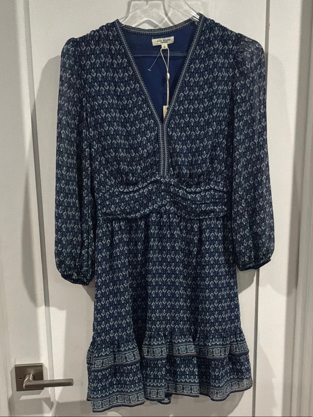 Max Studio Navy Printed V-Neck Tiered Long Sleeve Dress